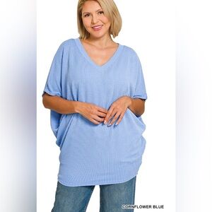 New!Plus Size 2X Zenana Outfitter" Lite Blue raised rib v-neck batwing top